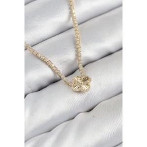 Pirinç Zirkon Taşlı Yonca Model Gold Renk Kadın Kolye