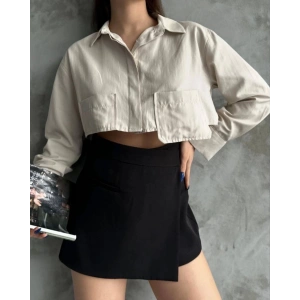 Poplin crop gömlek bej s3060