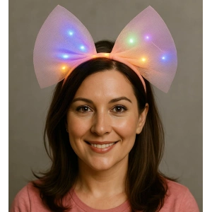 Rengarenk Led Işıklı Fiyonk Şekilli Tül Parti Tacı Pembe Renk 25x25 cm