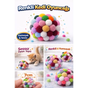 Renkli Ponpon Kedi Oyuncak Topu 7 cm  ( 2 Adet ) – Yumuşak Sessiz Kedi Oyun Topu