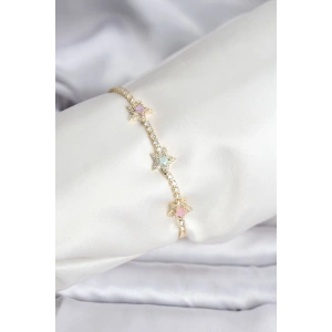 Renkli Yıldız Model Zirkon Taşlı Gold Renk Pirinç Su Yolu Kadın Bileklik