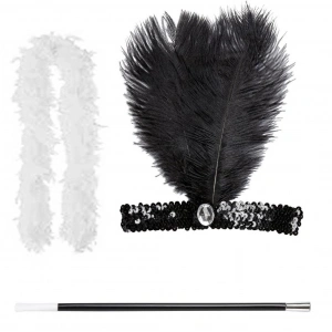 Retro Charliston Beyaz Otrişli Aksesuar Seti – 20'ler 90'lar Gatsby Kostüm Seti