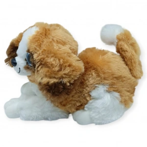 Sesli Peluş Yatan Köpek 25 cm - Kahve Beyaz - 1 ADET