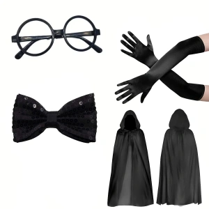 Siyah Kapüşonlu Büyücü ve Cadı Pelerin Kostüm Seti (4 Parça)