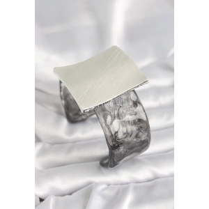 Siyah Mermer Desen Akrilik Plastik Gümüş Kare Plaka Model Vintage Kadın Bilezik