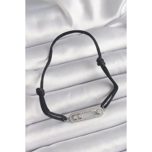 Siyah Renk İpli Asansör Zirkon Taşlı Gümüş Messika Model Kadın Bileklik