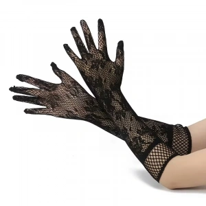 Siyah Uzun Gül Desenli Dantel Kadın Eldiveni