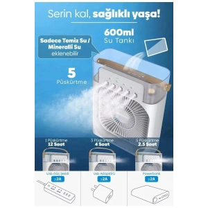 Taşınabilir Işıklı 5 Spreyli Vantilatör Buzlu Buharlı Vantilatör Mini Fan Nemlendirici