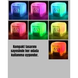 Termometre ve Takvim Özellikli 7 Renk Değiştiren Küp Alarm Saati