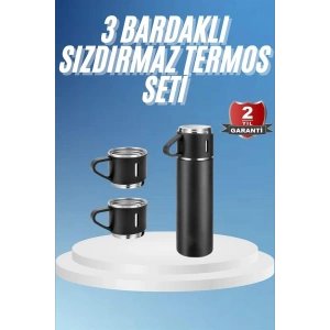 Termos Paslanmaz Çelik Termos Siyah Renk 3 Bardaklı Termos Seti