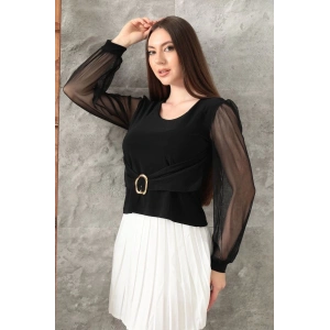 Tokalı tül kollu bluz siyah