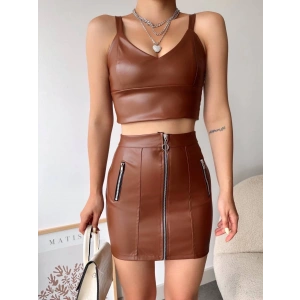 Üç fermuarlı deri etek kahve