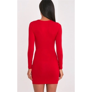 Uzun Kollu Mini Kırmızı Elbise