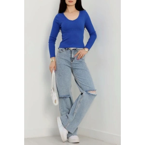 V yaka kaşkorse bluz saks mavisi