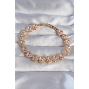 Vip Seri Pirinç Gold Renk Pembe Zirkon Taşlı Kalp Tasarımlı Bileklik