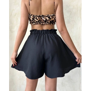 Volanlı keten şort siyah s255058