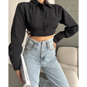 Yanı kemer detaylı crop gömlek siyah s4009