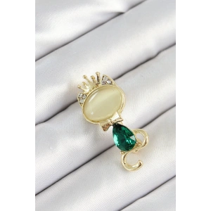 Yeşil Damla Zirkon Taşlı Kraliçe Taçlı Kedi Figürlü Gold Renk Kadın Broş