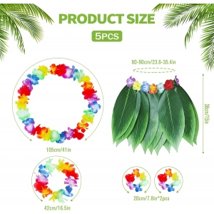 Yetişkin Hawaii Kostüm Seti - Yaprak Etek & Hawaii Set - 5 Parça