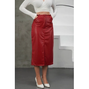 Yırtmaçlı uzun deri etek bordo