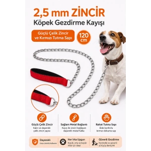 Zincir Köpek Gezdirme Kayışı Dalı Çelik & Ergonomik Tutma Saplı 2,5 mm-120 cm Kırmızı
