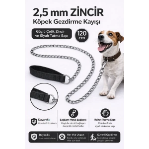 Zincir Köpek Gezdirme Kayışı Dalı Çelik & Ergonomik Tutma Saplı 2,5 mm-120 cm Siyah