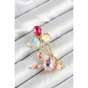 Zirkon Taşlı  Balonlu Pembe Tavşan Figürlü Gold Renk Kadın Broş