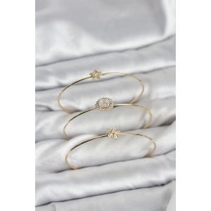 Zirkon Taşlı Gold Renk Tek Taş Model 3lü Kadın Bileklik Kombini