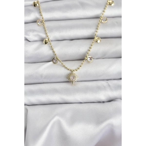 Zirkon Taşlı Kutup Yıldızı Model Pirinç Gold Renk Kadın Kolye