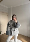 Kuşaklı Kolları Kürklü Gri Ceket