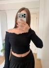 Uzun Kollu Siyah Kayık Yaka Crop