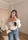 Balon Kol Omzu Açık Beyaz Crop Bluz