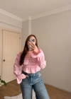Balon Kol Omzu Açık Pembe Crop Bluz