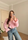 Balon Kol Omzu Açık Pembe Crop Bluz
