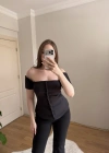 Düğmeli Omzu Açık Siyah Korse Bluz