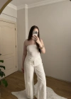 Püskül Detaylı Straplez Beyaz Bluz