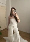 Püskül Detaylı Straplez Beyaz Bluz