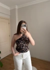 Leopar Desenli Fularlı Tül Bluz