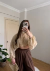 Kahve Puantiyeli Arkası Uzun Pastel Sarı Tül Bluz
