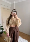 Kahve Puantiyeli Arkası Uzun Pastel Sarı Tül Bluz