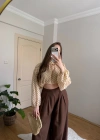 Kahve Puantiyeli Arkası Uzun Pastel Sarı Tül Bluz
