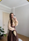 Kahve Puantiyeli Arkası Uzun Pastel Sarı Tül Bluz