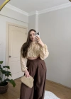 Kahve Puantiyeli Arkası Uzun Pastel Sarı Tül Bluz