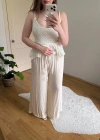 Dökümlü Beli İpli Ekru Pantolon