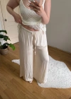 Dökümlü Beli İpli Ekru Pantolon