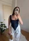 Askılı Denim Korse Bluz