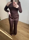 Beli Lastikli Acı Kahve Saten Pantolon