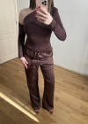 Beli Lastikli Acı Kahve Saten Pantolon