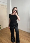 Beli Lastikli Siyah Saten Pantolon
