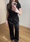 Beli Lastikli Siyah Saten Pantolon